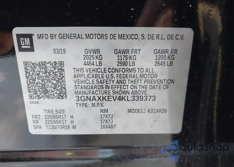 2019 Chevrolet Equinox Lt z USA, uszkodzony, nr VIN 3GNAXKEV4KL339373